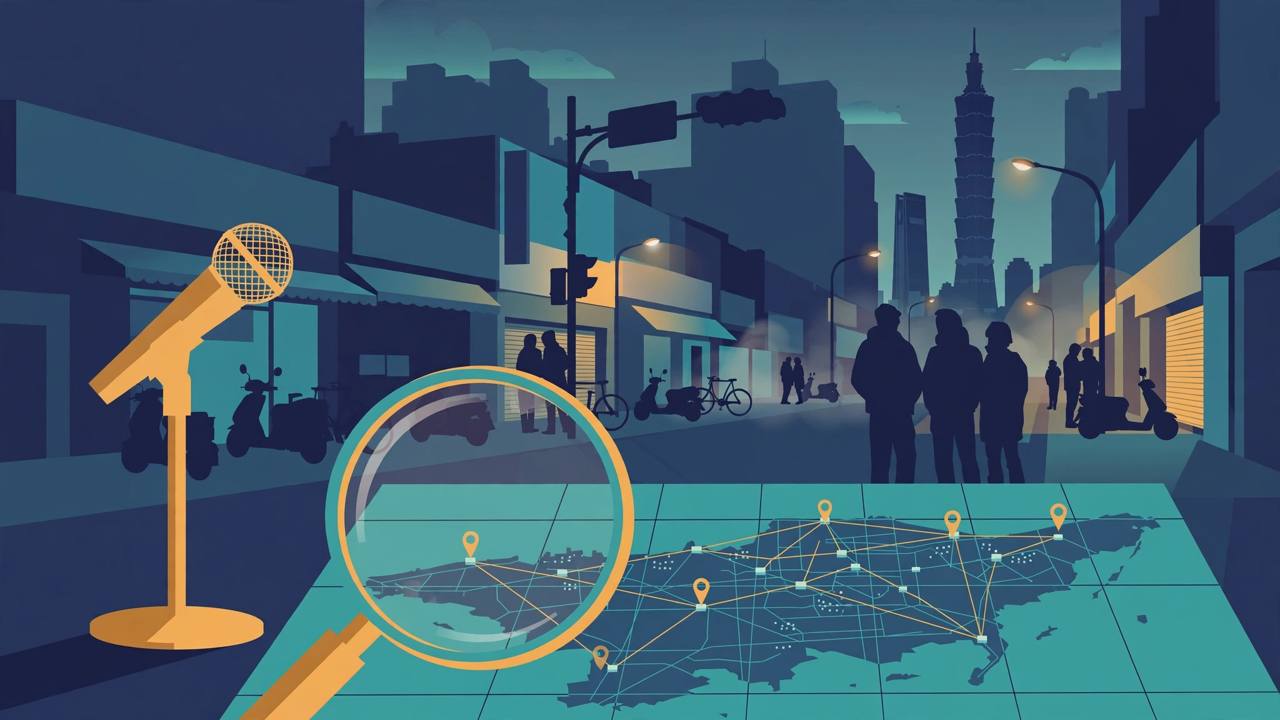 Editorial illustration of a Taipei street scene with a stage microphone, silhouetted figures and a magnifying glass over a map, flat style, no text, no real person depicted