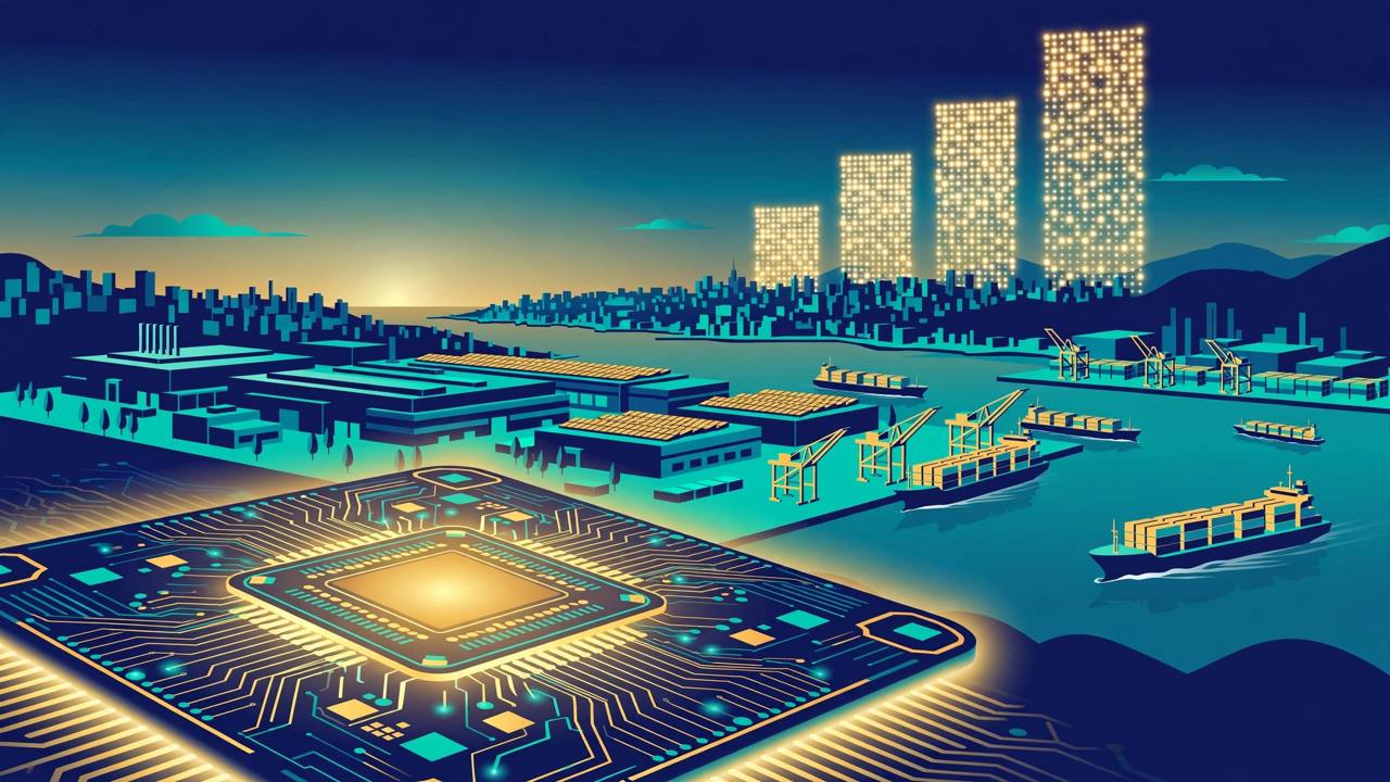 A glowing computer chip in front of a Taiwan semiconductor plant and container port at dawn, with rising bars of light over the city. (Editorial illustration)