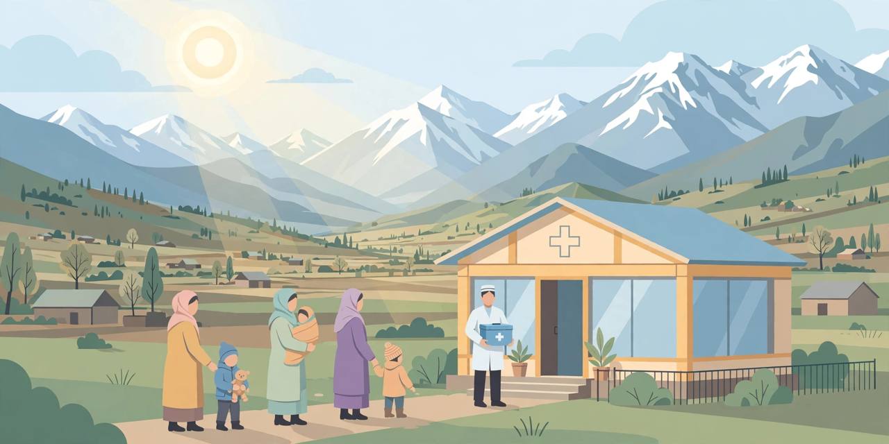 Editorial illustration of a health worker with a vaccine cold box at a mountain-valley clinic