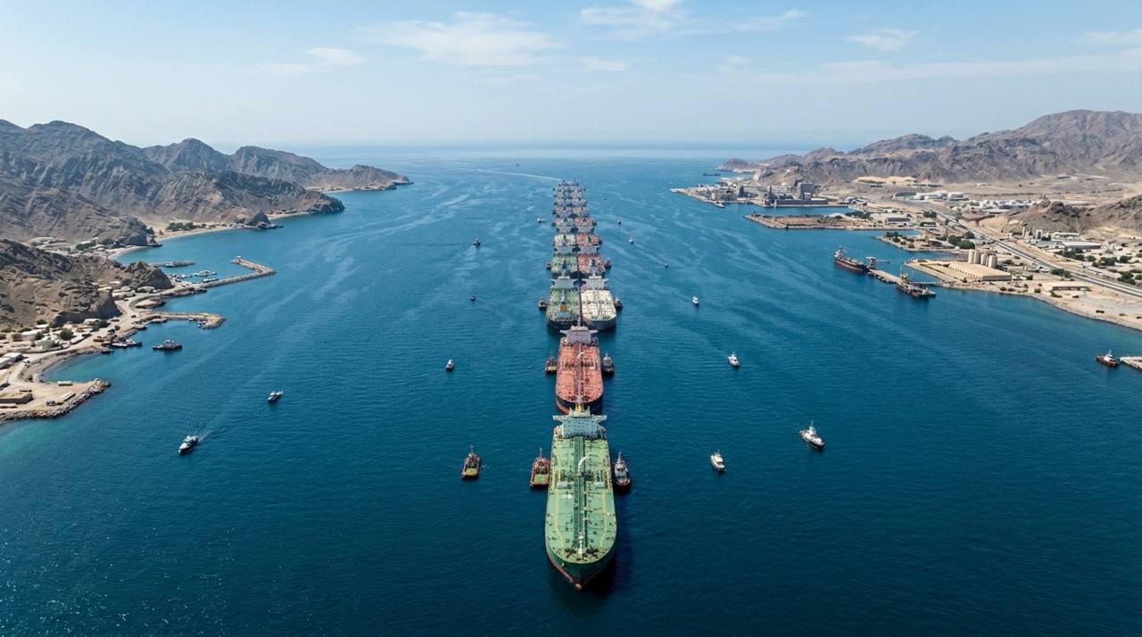 Oil tankers at anchor in the Strait of Hormuz, aerial view (file photo)