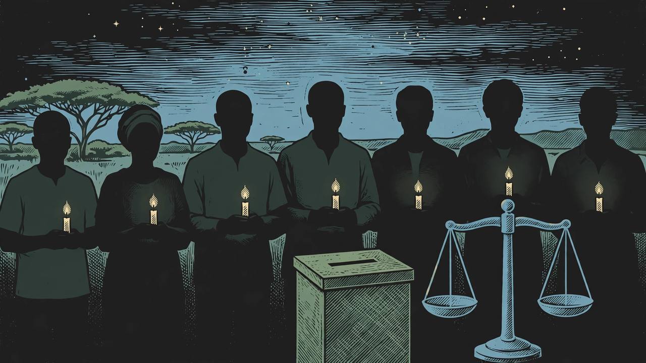 Editorial illustration of silhouetted figures holding candles beside a ballot box and a scale of justice at dusk