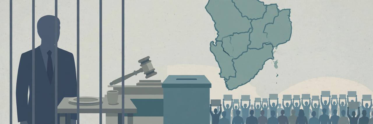 Editorial illustration: generic figure behind prison bars with an untouched plate, gavel and ballot box, generic voters with blank placards in the distance