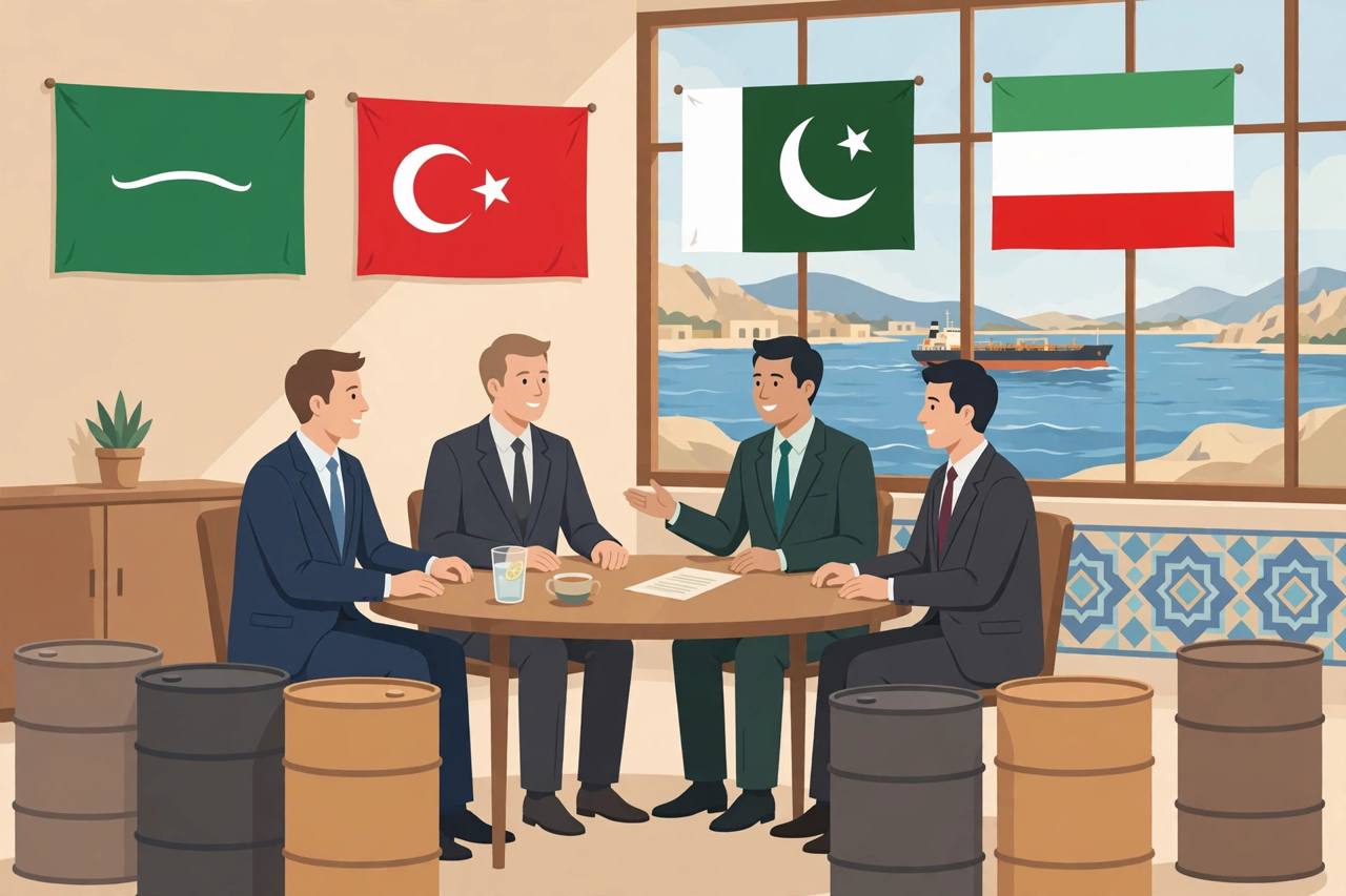 Editorial illustration of diplomats meeting in Tehran with an oil tanker in the Strait of Hormuz