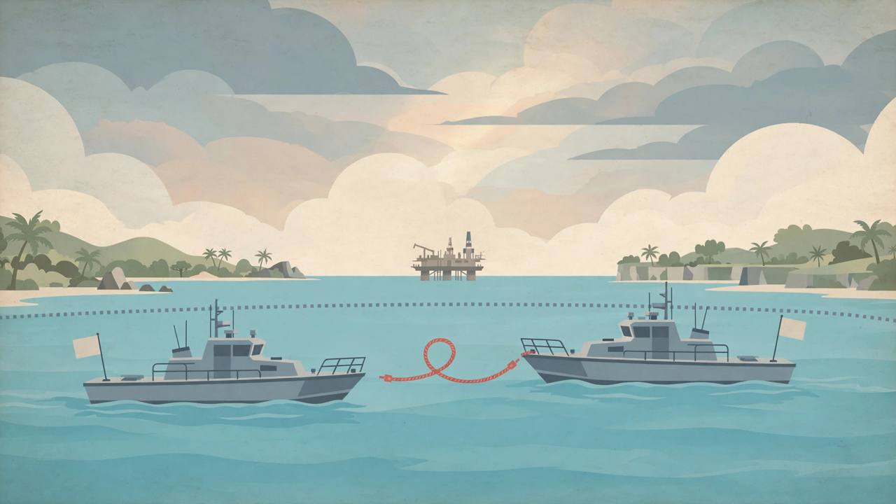 Editorial illustration of two generic naval patrol boats facing each other calmly across a dotted maritime boundary in a turquoise gulf, with an offshore oil platform in the distance and a symbolic red hotline cable between the vessels, no real person's likeness