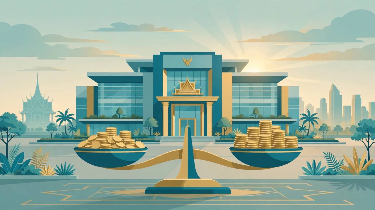 Editorial illustration of a central bank building in Bangkok with a steady balance scale in front at dawn