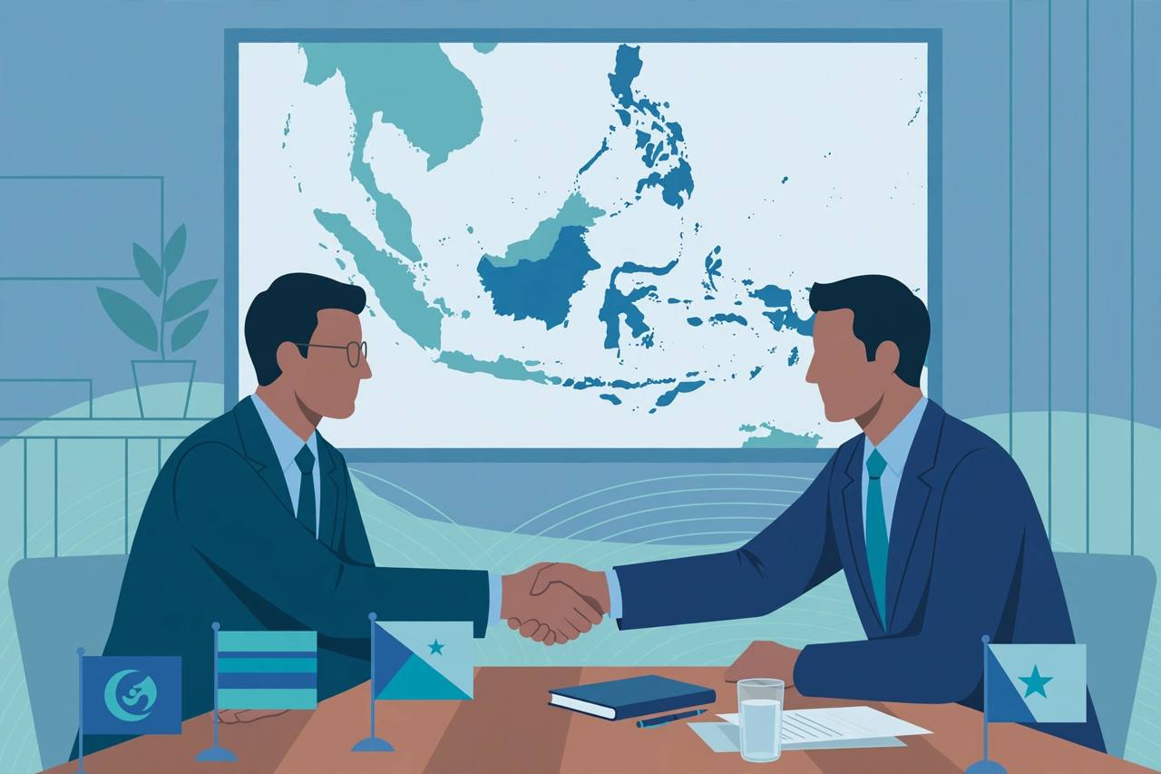 Editorial illustration of generic Southeast Asian diplomats shaking hands across a conference table with generic flags and a Southeast Asia map behind them