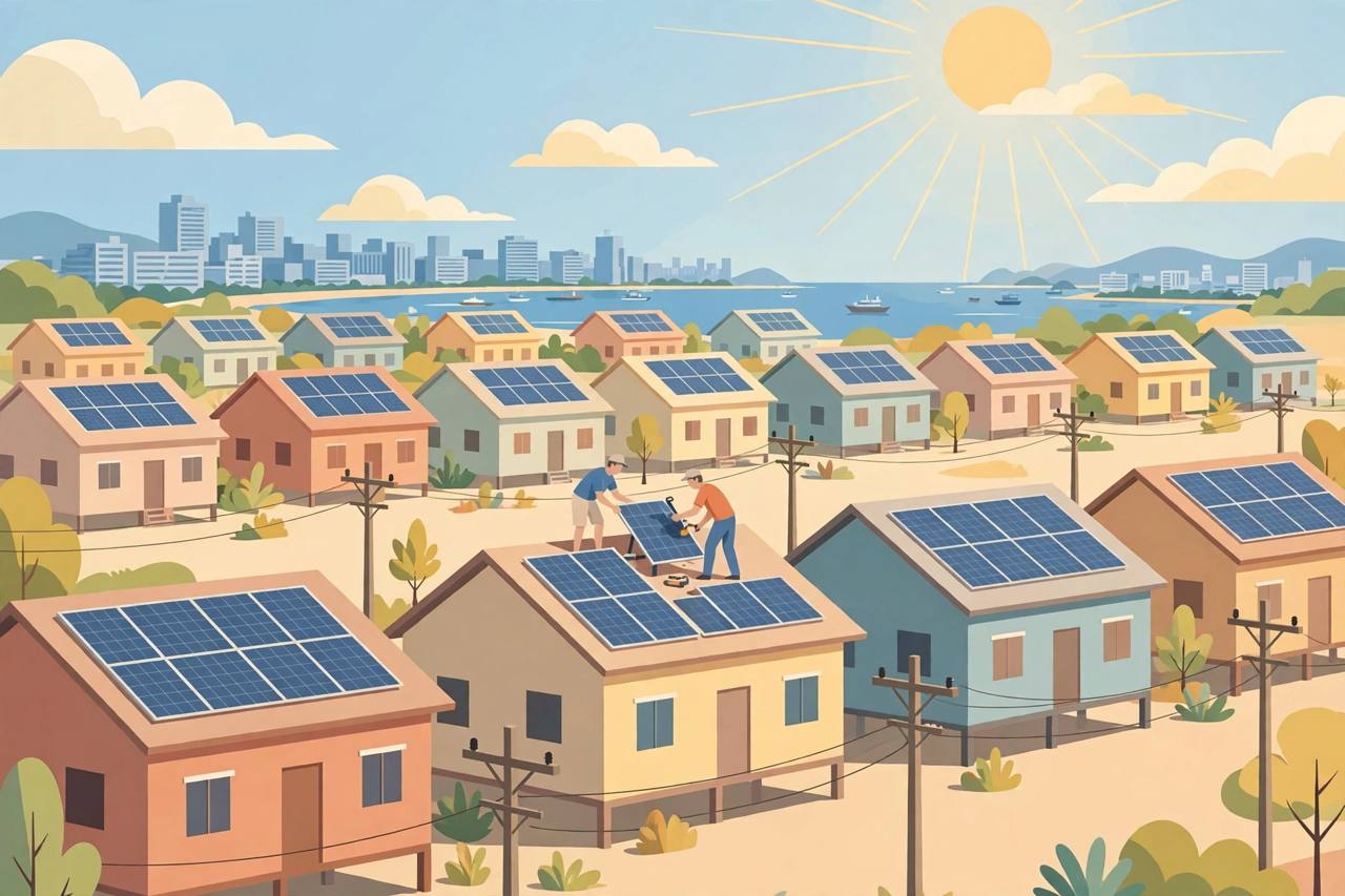 Rooftop solar panels on generic Thai homes under a bright sun (Editorial illustration)