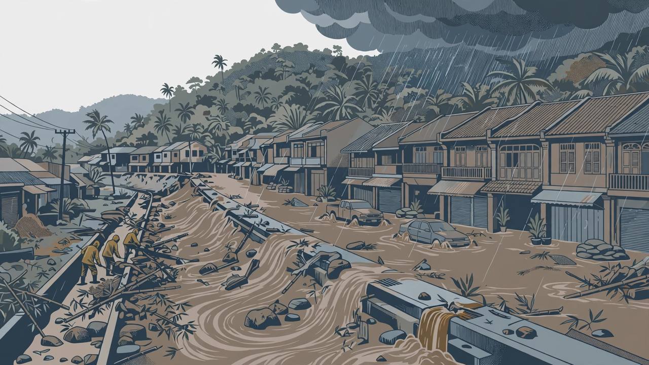 Editorial illustration of a flooded street in Phuket, Thailand, with rescue workers clearing mud and debris