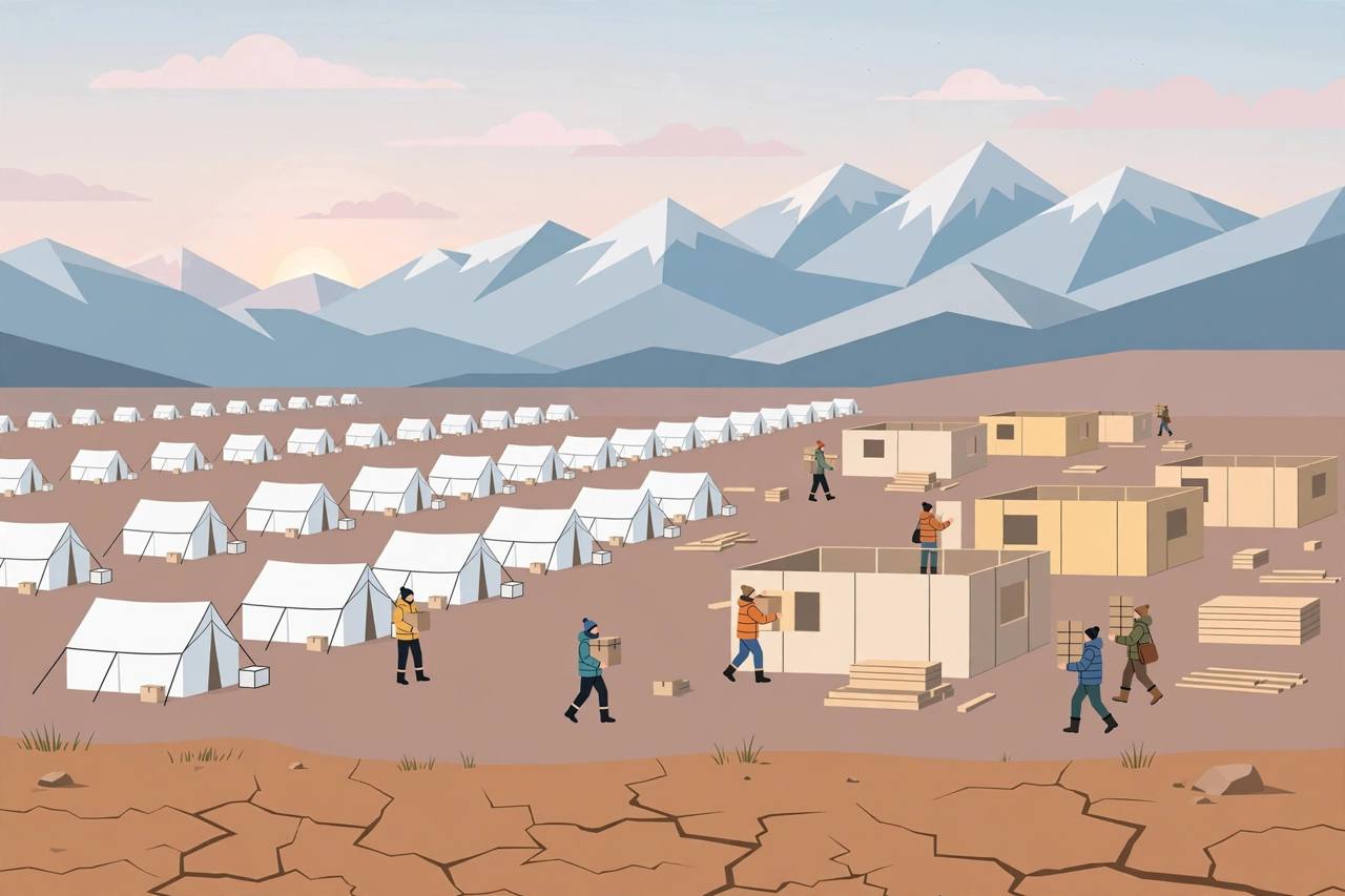 Editorial illustration of a high-altitude Tibetan plateau relief village with white tents, prefabricated houses being built and snow-capped mountains — flat style, generic figures only, no real person depicted