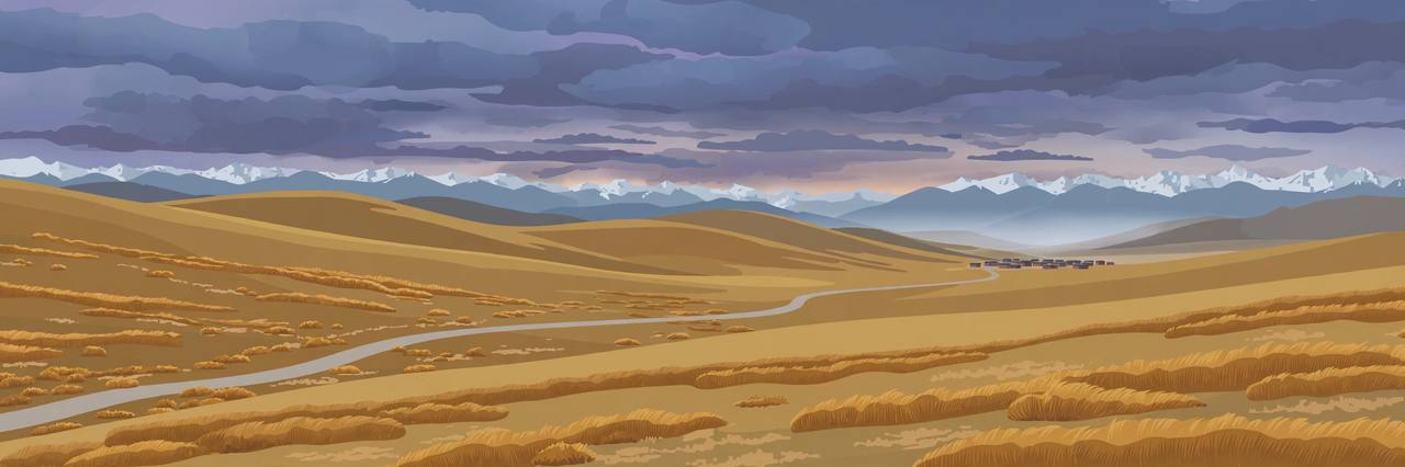 Editorial illustration of the high Tibetan plateau near Nagqu with distant mountains and a small generic village — the earthquake, any damage and any person are not depicted