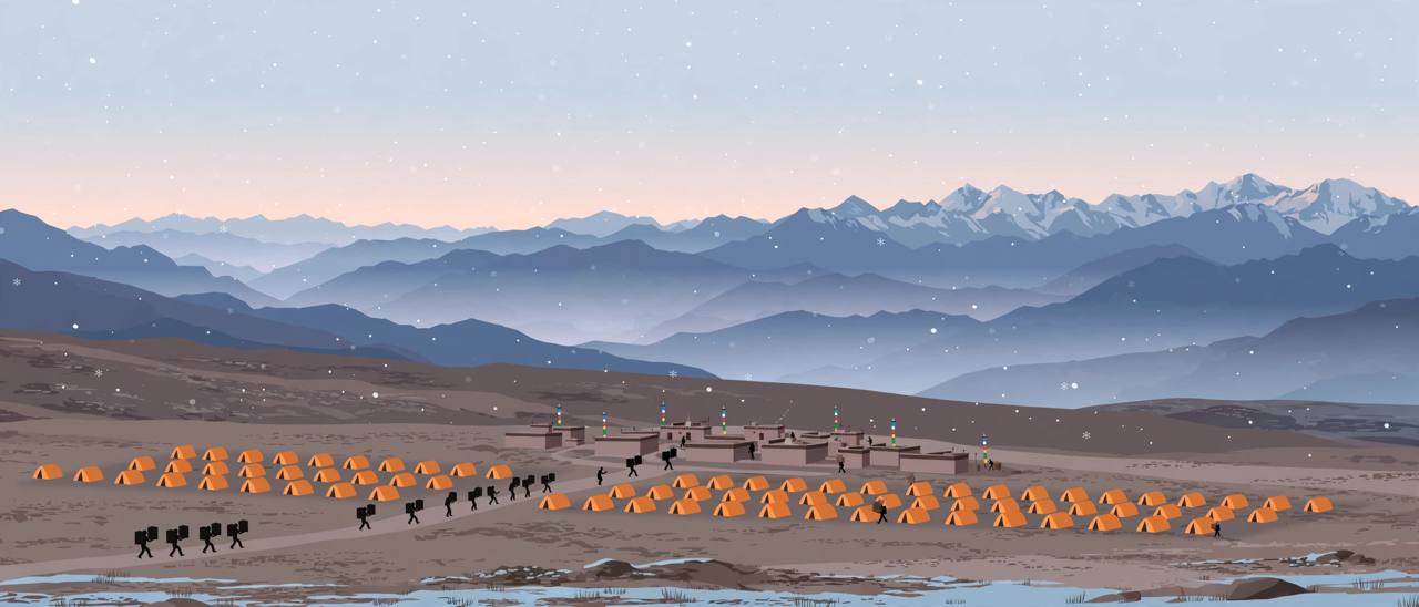 Editorial illustration of the high Tibetan plateau near Nagqu at dawn with layered mountains, a distant village, rows of small orange relief tents and tiny generic rescue workers carrying supplies in light snowfall — no incident scene and no real person depicted