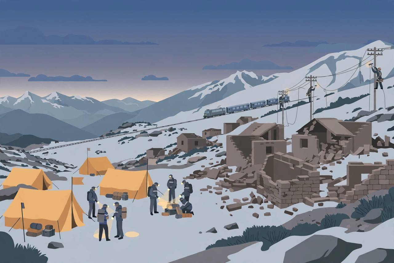 Editorial illustration of relief tents and rescue workers with flashlights on a high snowy Tibetan plateau at dusk, with collapsed stone houses in the distance; no incident victim is depicted