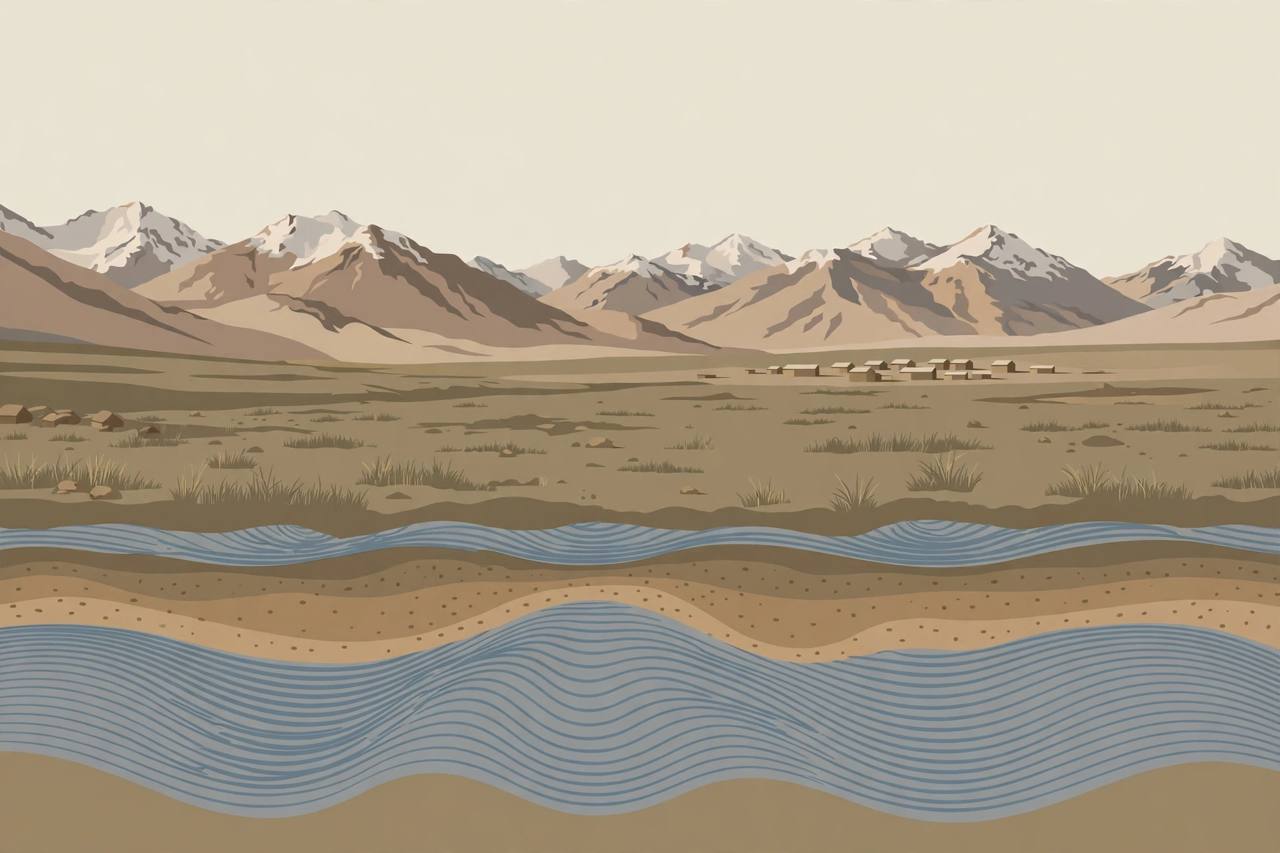 Editorial illustration of the high Tibetan plateau near Nagqu with mountains and stylised seismic waves, no incident and no real person depicted
