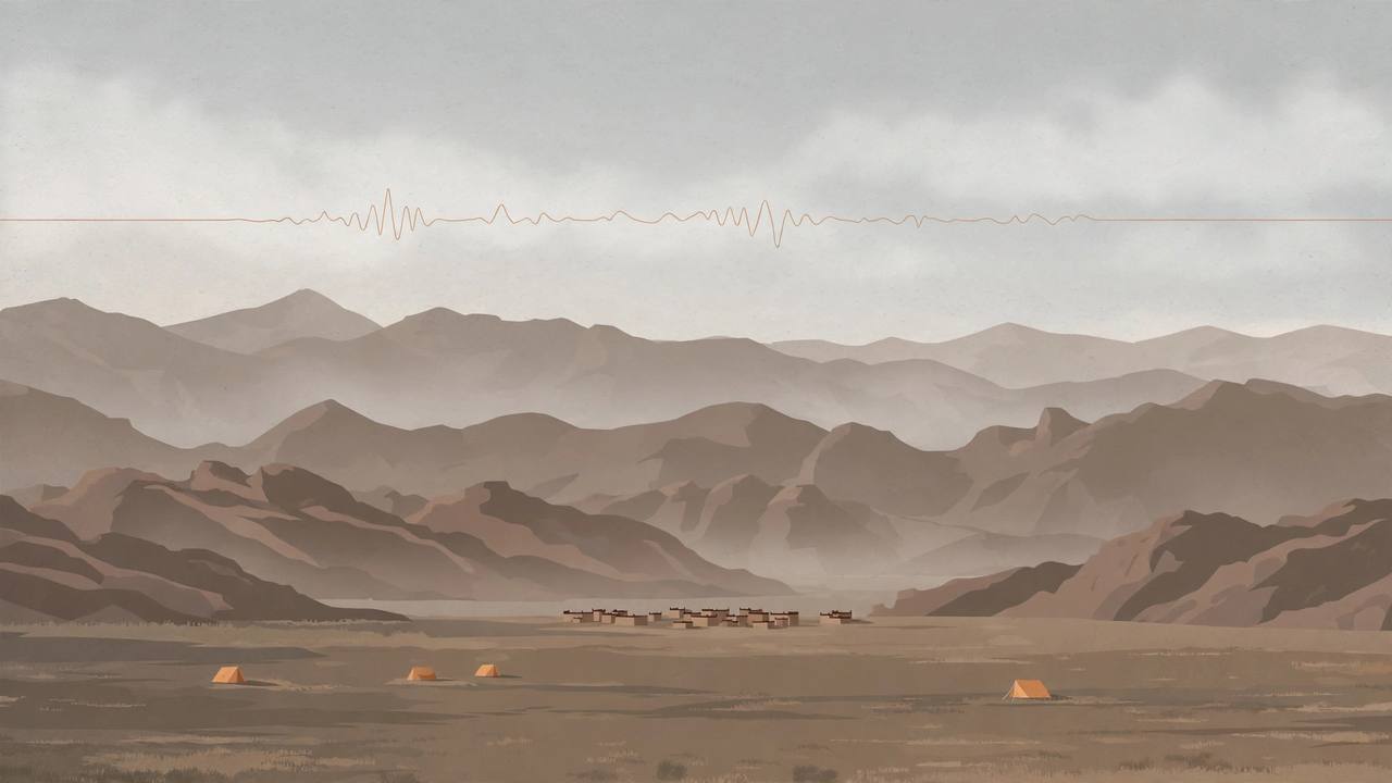 Editorial illustration of the high Tibetan plateau near Nagqu at dawn with layered mountains, a distant village, small orange rescue tents and a soft seismic wave line — no incident scene and no real person depicted