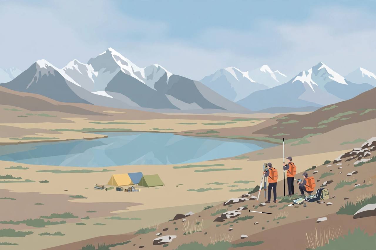 Editorial illustration of a Himalayan plateau in Tibet with a glacial lake, relief tents and survey figures inspecting a hillside