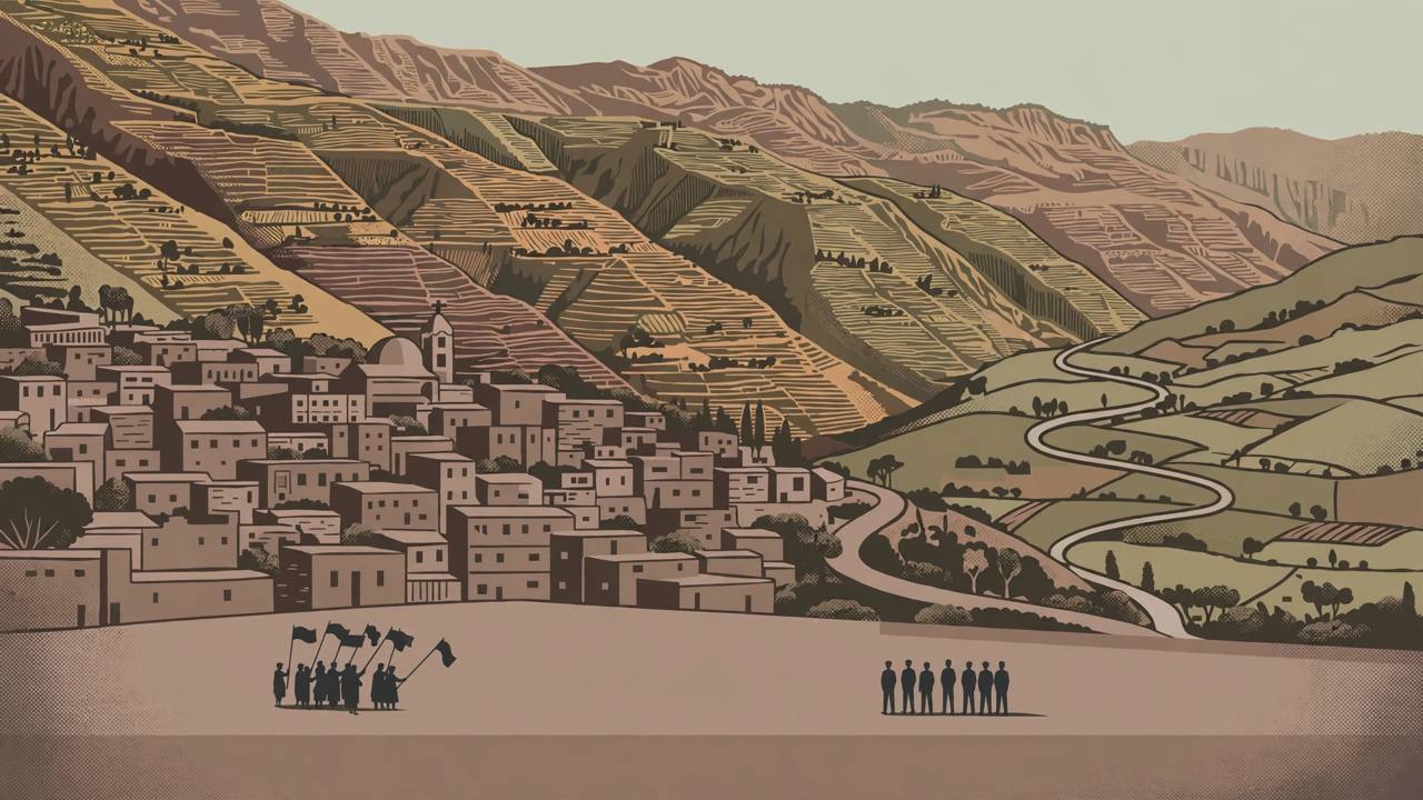 Editorial illustration of a generic highland city in northern Ethiopia with terraced mountains, a winding road to rural hills and two groups of generic silhouetted figures facing each other across an empty plaza