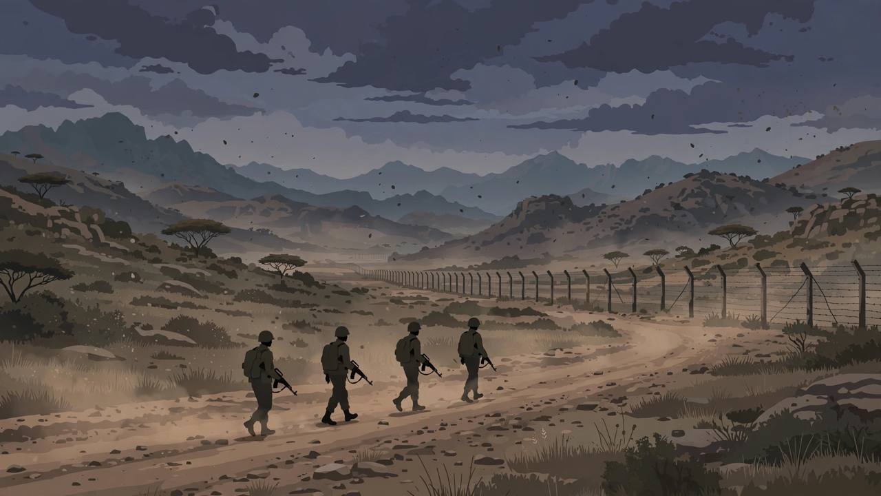 Editorial illustration of generic soldiers in silhouette on a dry highland road in northern Ethiopia, with distant mountains and a border fence