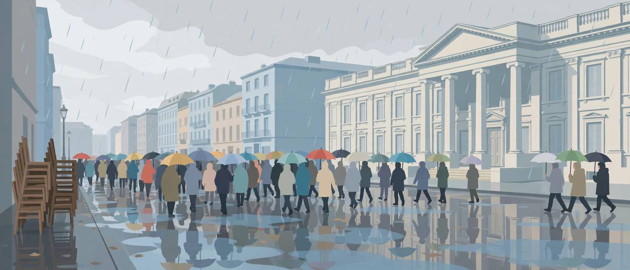 Editorial illustration of a generic rainy European capital street protest, a crowd with umbrellas marching past a government building with wooden chairs stacked to one side — flat style, no real person depicted