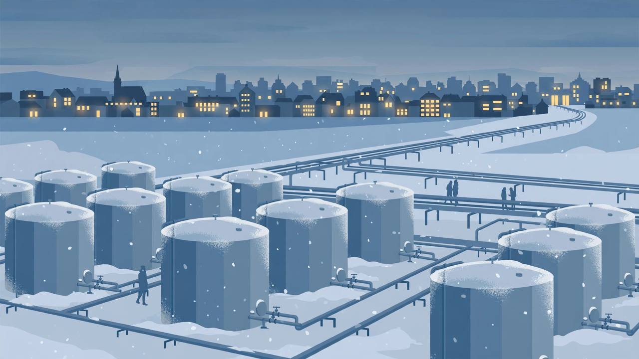 Editorial illustration of a European natural gas storage facility in winter, with large storage tanks, pipelines and a distant city skyline at dusk