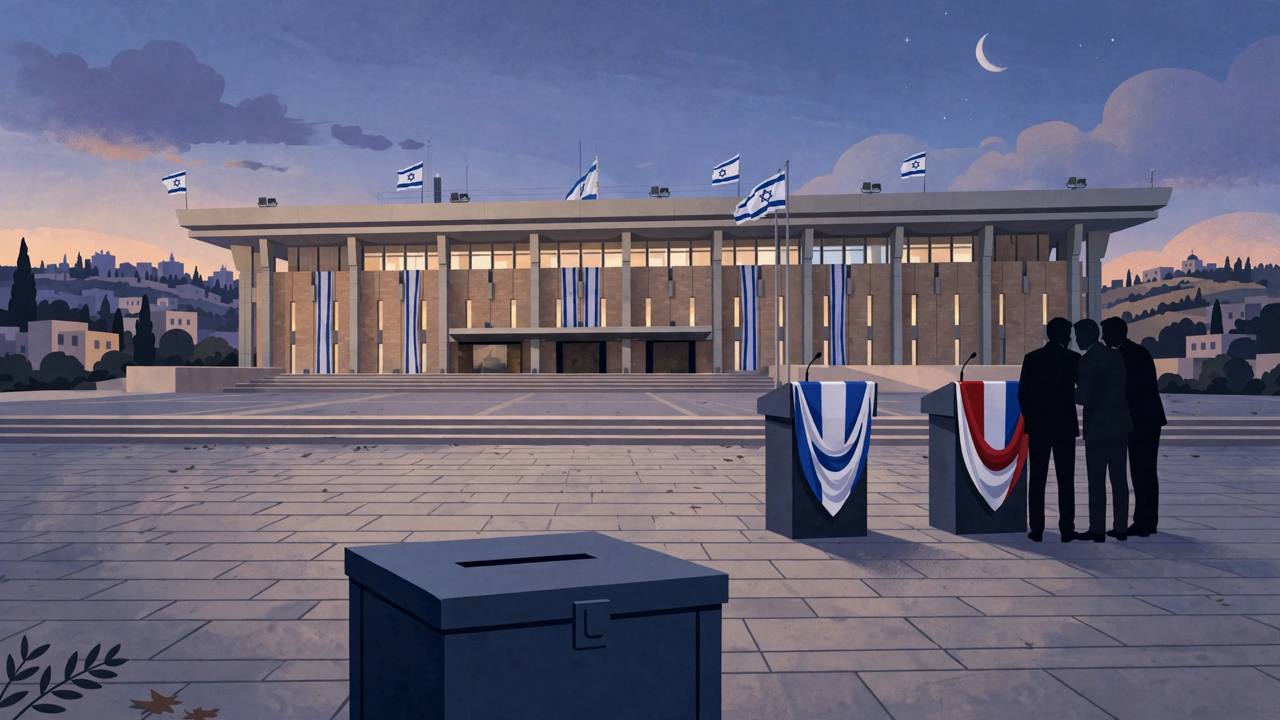 Editorial illustration of a ballot box before a generic parliament building in Jerusalem at dusk, with silhouetted generic advisers beside two empty podiums