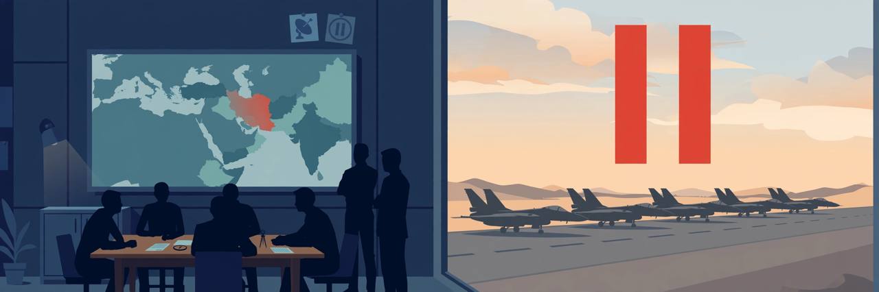 Editorial illustration of generic leaders in a war room, jets on a runway and a pause symbol over a stylised Middle East map