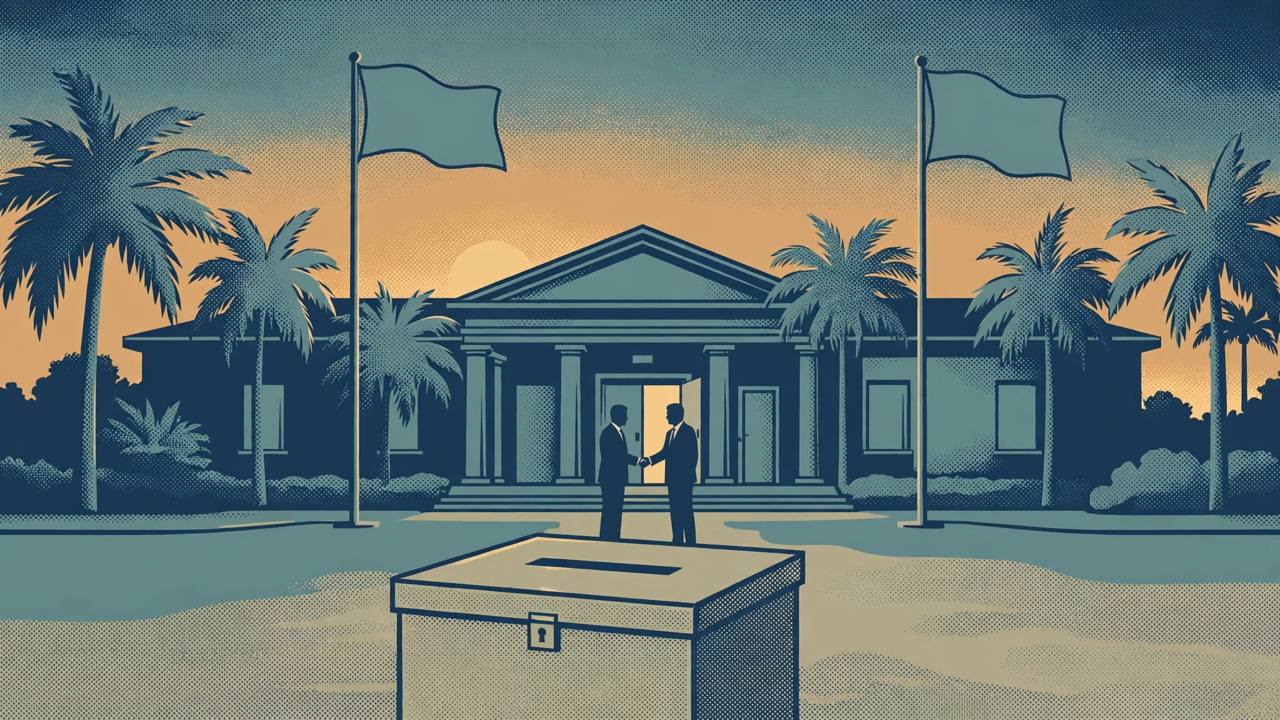 Editorial illustration of a generic ballot box outside a Florida polling station with palm trees, two generic flags and a handshake motif between generic silhouetted figures