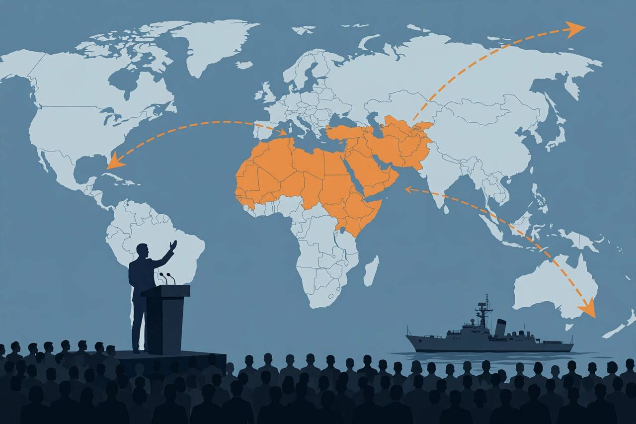 Editorial illustration of a generic political rally stage with a speaker silhouette, a world map backdrop highlighting the Middle East, stylised missile arcs and a naval ship