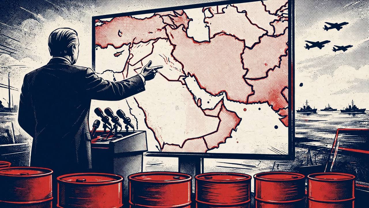 Editorial illustration of a generic leader from behind at a rally podium facing a Middle East map, warships and oil barrels — flat style, no real person depicted