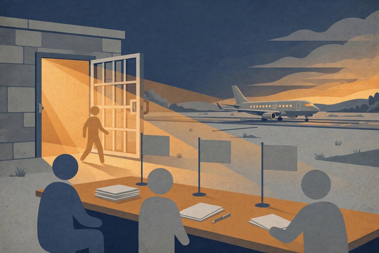 Editorial illustration of an open prison door, a small plane on a runway at dusk and a negotiation table with unsigned papers, flat style, no text, no real person depicted