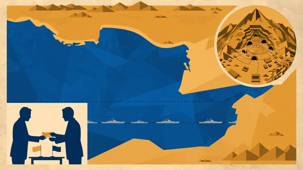 Editorial illustration of a stylised Persian Gulf map-table with warship silhouettes held at a dashed line, a mountain tunnel complex and two generic envoy figures exchanging a sealed envelope — flat style, no real person depicted