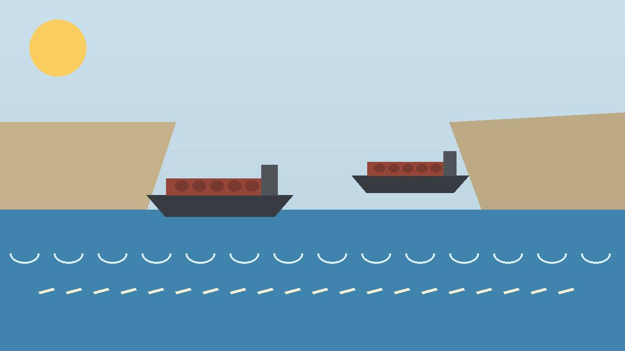 Editorial illustration of generic oil tankers sailing through a strait between two land masses — no real vessel or person depicted