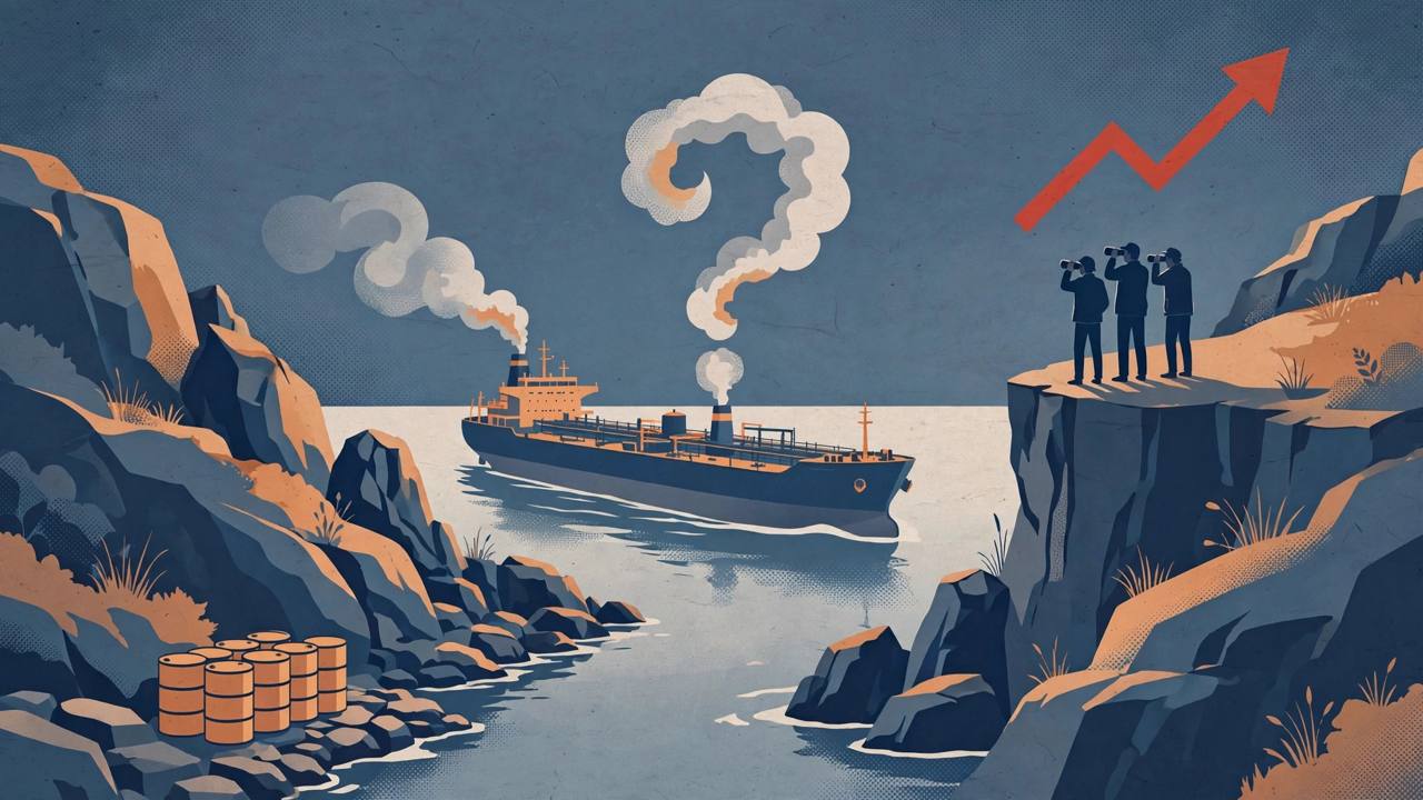 Editorial illustration of an oil tanker in a narrow strait with a question mark in smoke and a rising price arrow — no real person depicted