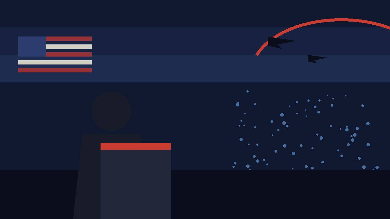 Editorial illustration of a generic speaker at a podium with abstract flag stripes and jet silhouettes — no real person or place depicted