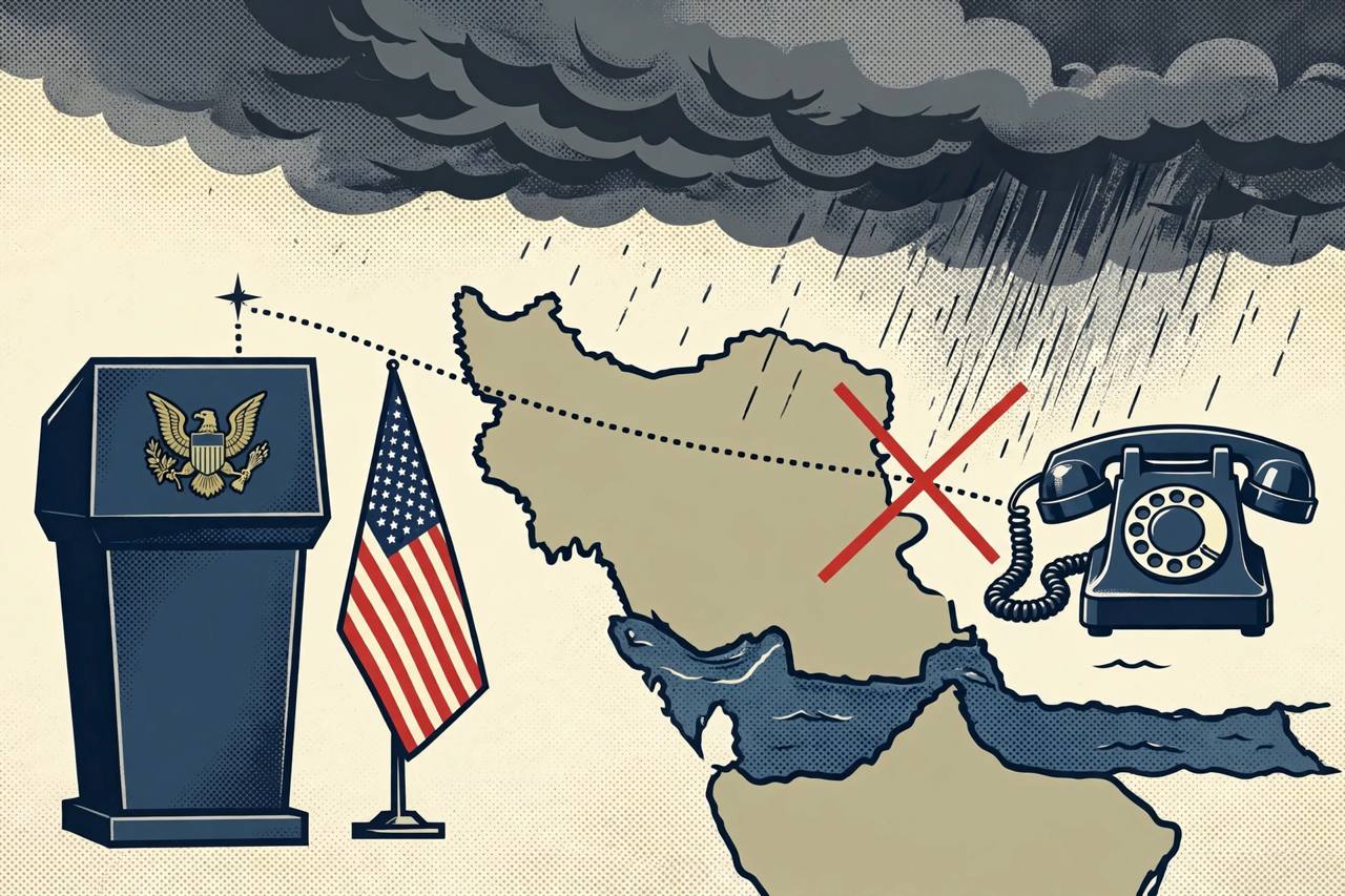 Editorial illustration of a presidential podium beside a map of Iran and the Strait of Hormuz with a crossed-out telephone line, flat style, no text, no real person depicted
