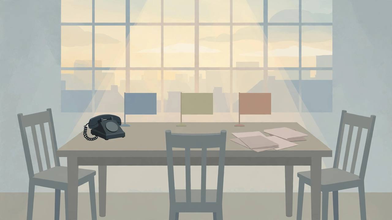 Editorial illustration of an empty diplomatic summit table with three chairs and three blank flag placards at dawn
