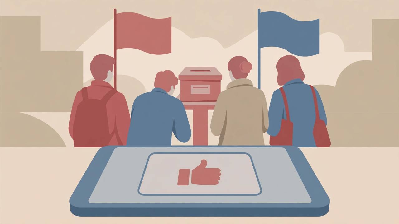 Editorial illustration: a generic smartphone showing a blank social-media post in front of generic voters and a ballot box - flat style, no real person shown, no words