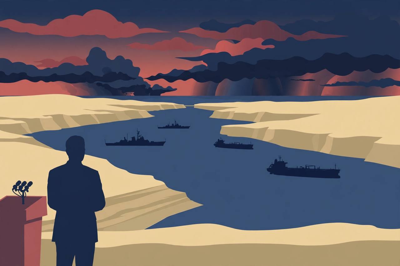 Editorial illustration of generic naval ships and tankers in a narrow strait at dusk under gathering storm clouds, with an anonymous podium silhouette in the foreground
