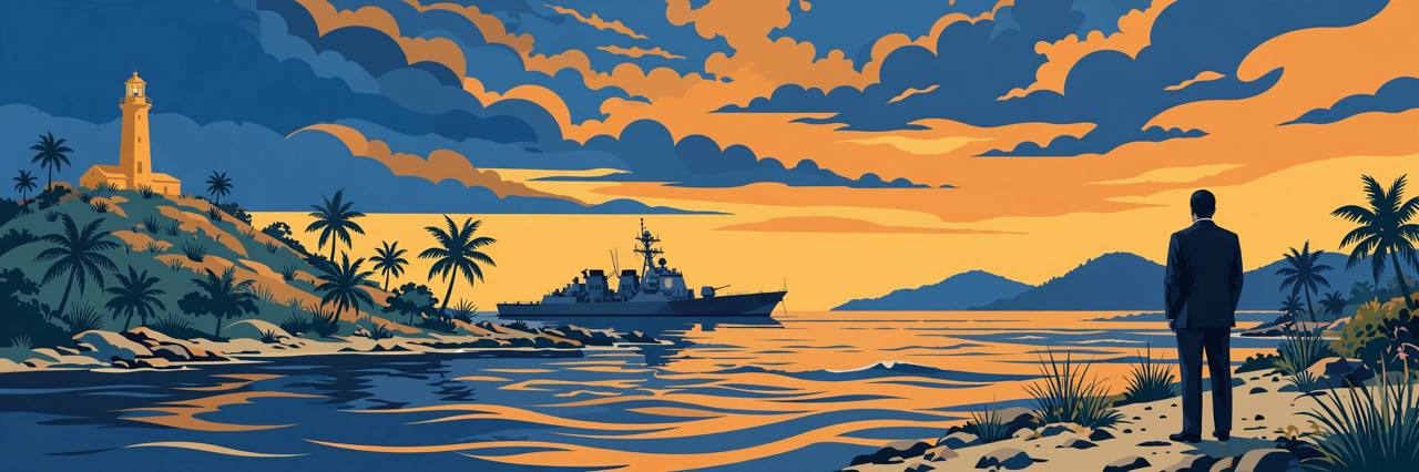 Editorial illustration of a naval warship anchored offshore from a Caribbean island coast with a lighthouse at dusk — flat style, no real person depicted