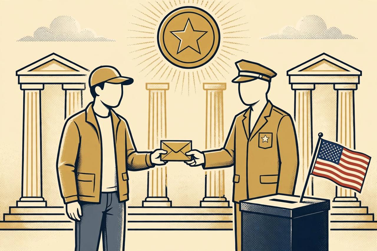 Editorial illustration of a generic voter handing a sealed tip envelope to an election official beside a ballot box, with a gold reward coin symbol above