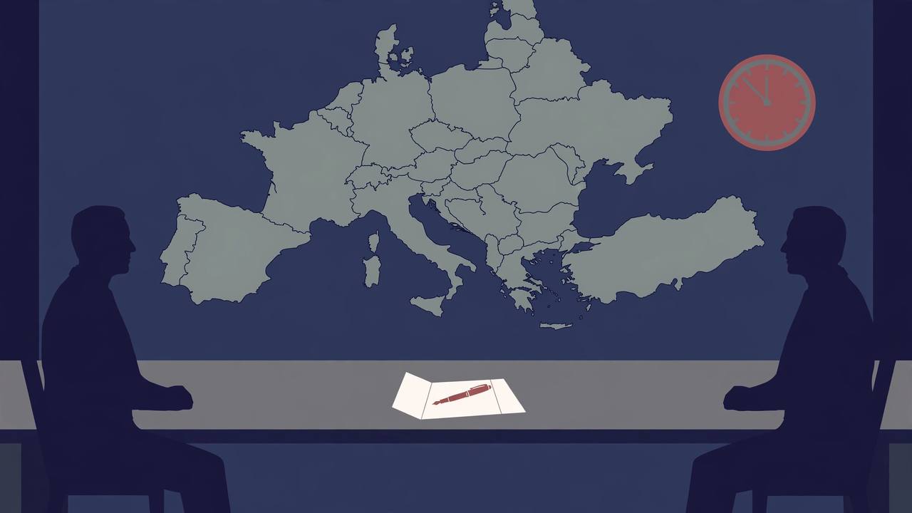 Editorial illustration of two generic statesmen silhouettes seated far apart at a long negotiating table with an unsigned document and pen between them, a map of Europe on the wall and a clock, no real person's likeness
