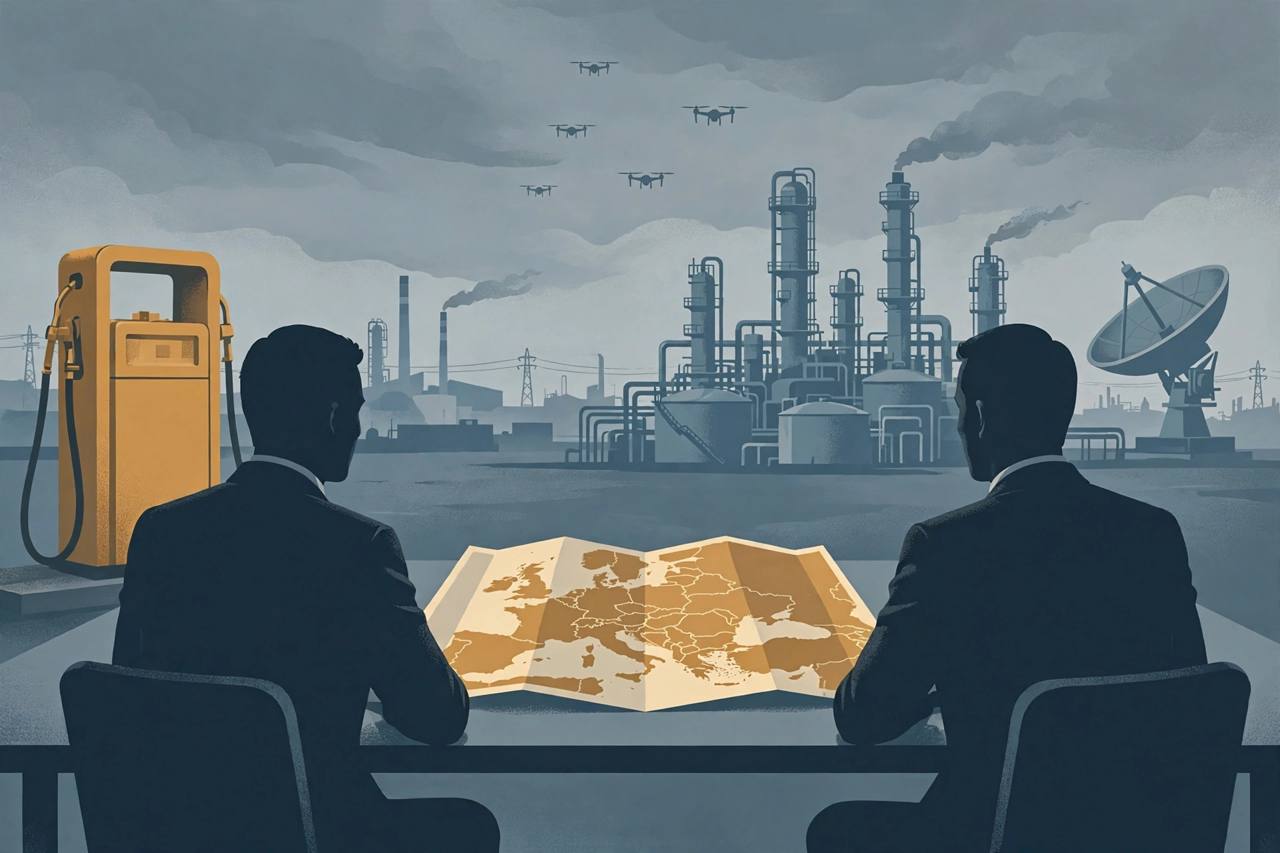 Editorial illustration of two generic government silhouettes facing each other across a map table, with a diesel pump, an oil refinery and drones in a grey sky in the background — flat style, generic figures seen from behind, no real person depicted