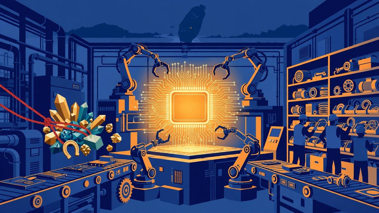 Editorial illustration of a semiconductor chip factory with robotic equipment, a glowing microchip and rare-earth minerals, as TSMC looks for alternatives to Chinese rare-earth components
