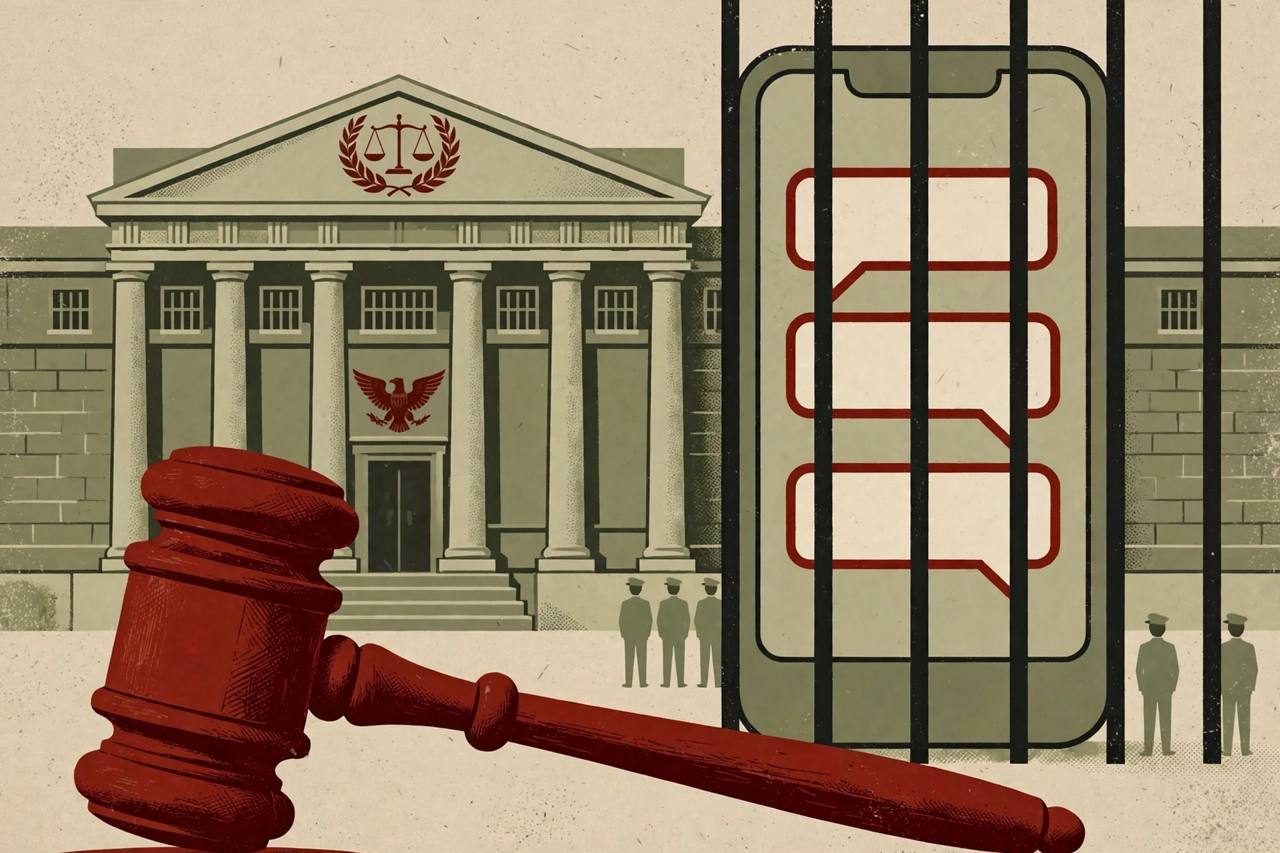 Editorial illustration of a courthouse with a large gavel and a smartphone with blank speech bubbles behind bars, flat style, no text, no real person depicted