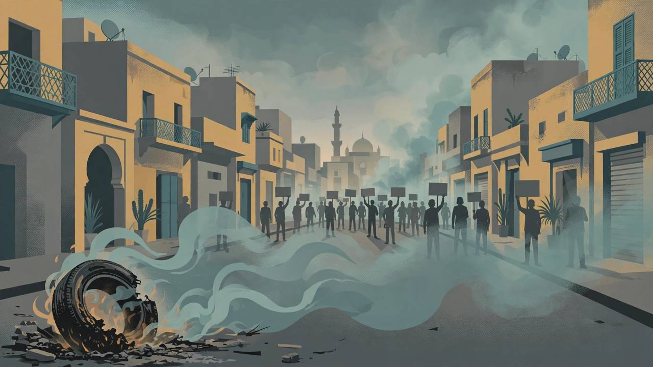 Editorial illustration of a generic North African city street with silhouetted protesters, a burnt tyre and tear-gas haze — no real place or person depicted