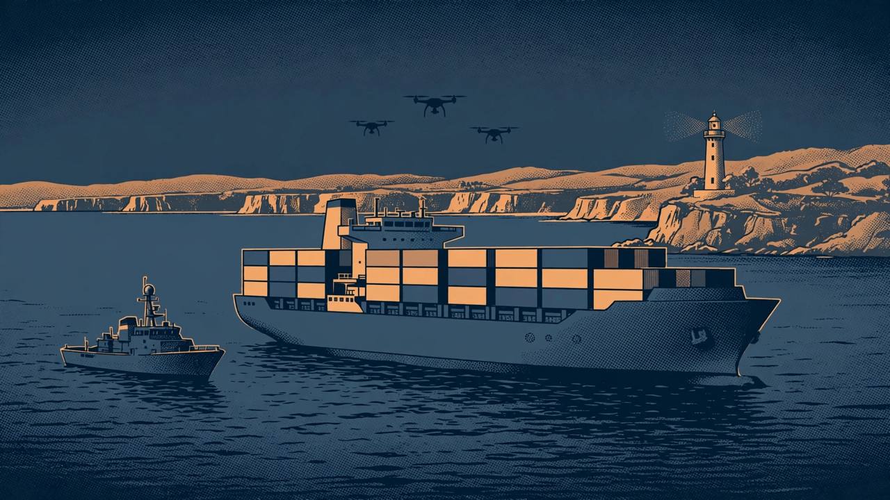 Editorial illustration of a generic container ship on a dark sea with three small drone silhouettes above it and a naval patrol vessel nearby, no real person depicted