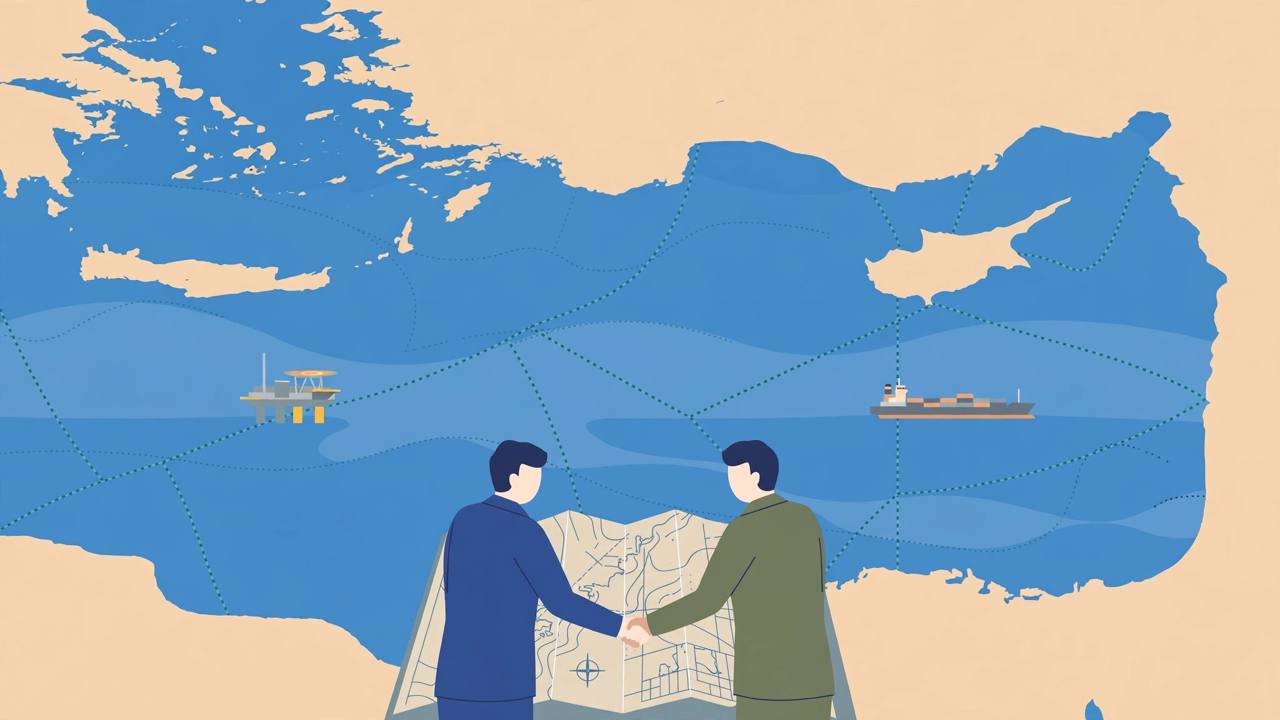 Editorial illustration of the Eastern Mediterranean with dotted maritime boundary lines between Turkey, Egypt, Greece, Cyprus and Libya, and generic diplomats over a nautical chart