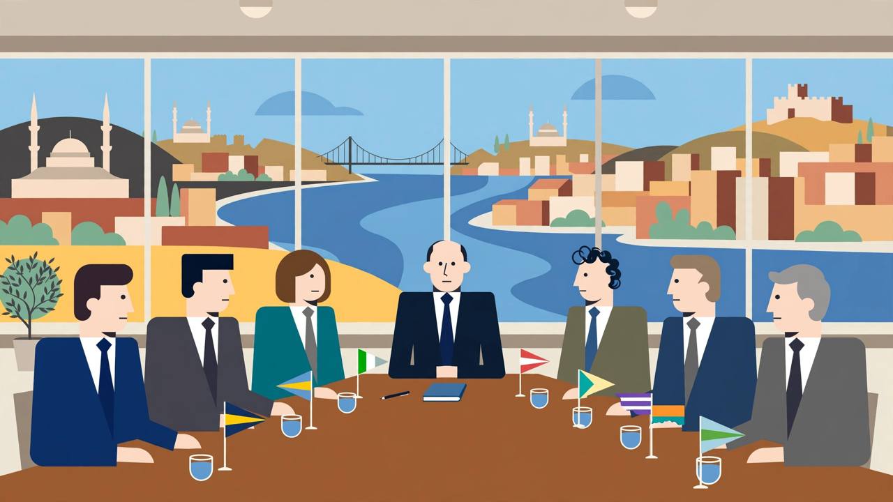 Editorial illustration of a diplomatic conference table in Istanbul with the Bosphorus in the background