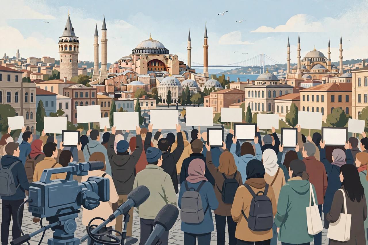 Editorial illustration of a peaceful crowd holding blank placards in Istanbul with television cameras in the foreground