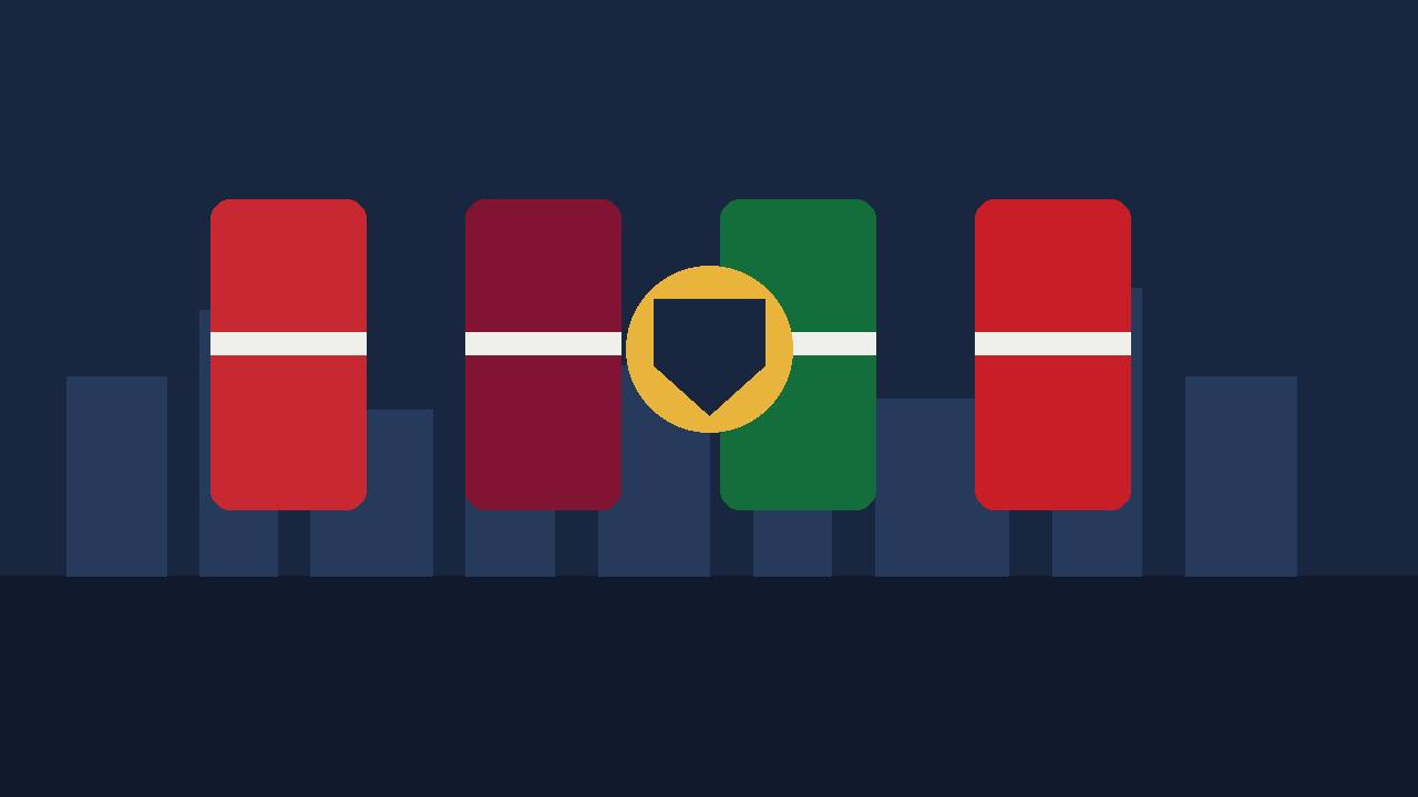 Editorial illustration showing four abstract flag-colour pillars and a shield over a Doha-style skyline, for the Badr defence pact