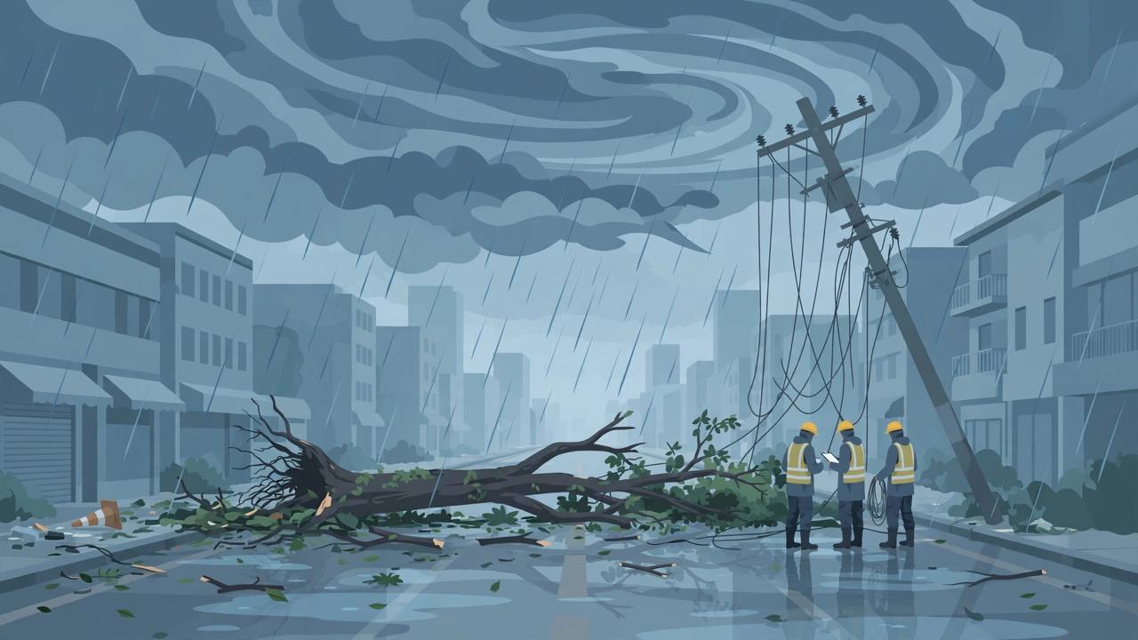 Editorial illustration of a generic city street after a typhoon, with a fallen tree, a tilted power pole and generic utility workers in the rain